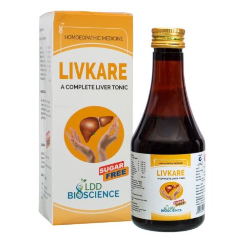 Livkare Liver Tonic:::A bottle of Livkare, a sugar-free homeopathic liver tonic, displayed next to its packaging, highlighting its health benefits and ingredients.