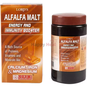 A box and bottle of Lord's Alfalfa Malt, highlighting its nutritional benefits such as protein, vitamins, and minerals including calcium, iron, and magnesium.