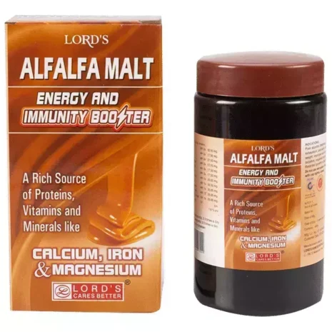 A box and bottle of Lord's Alfalfa Malt, highlighting its nutritional benefits such as protein, vitamins, and minerals including calcium, iron, and magnesium.