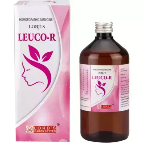 Bottle and box of Lord's Leuco-R homoeopathic medicine, featuring a woman's silhouette and pink accents.