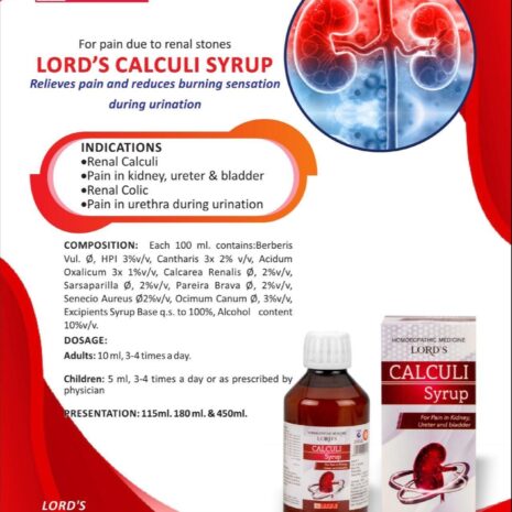 A promotional image for LORD'S Calculi Syrup, detailing its benefits for kidney pain, indications for use, composition, and dosage instructions.