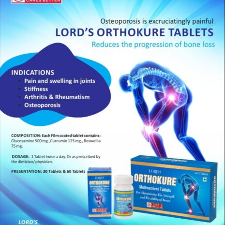 LORD'S Orthokure Tablets for Osteoporosis Relief Promotional image for LORD'S Orthokure Tablets highlighting their benefits for osteoporosis and joint pain relief, featuring product packaging and key information.