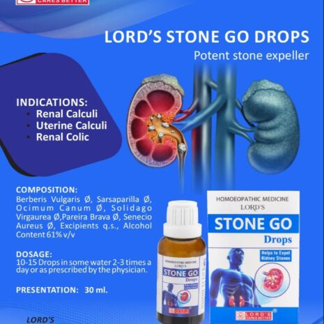 Homeopathic remedy for renal calculi, uterine calculi, and renal colic, featuring product details and indications.
