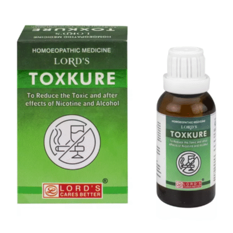 Lord's Toxkure Homeopathic Medicine Bottle and packaging of Lord's Toxkure, designed to reduce the toxic effects of nicotine and alcohol.
