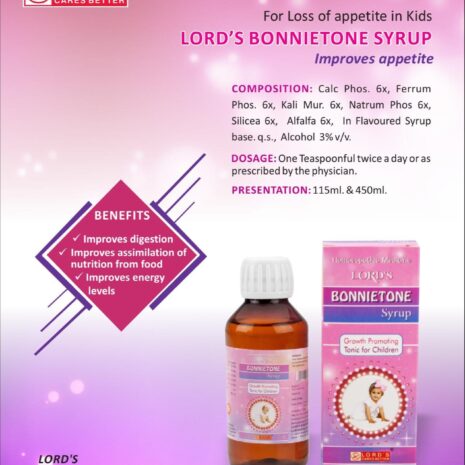 Lord's Bonnietone Syrup for Kids A promotional image of Lord's Bonnietone Syrup, highlighting its benefits for improving appetite, digestion, and energy levels, with details on composition, dosage, and presentation.