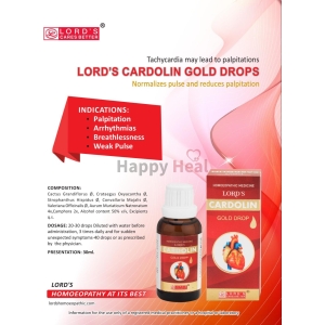 A promotional image for Lord's Cardolin Gold Drops, showcasing the product and its indications for palpitations, arrhythmias, breathlessness, and weak pulse.