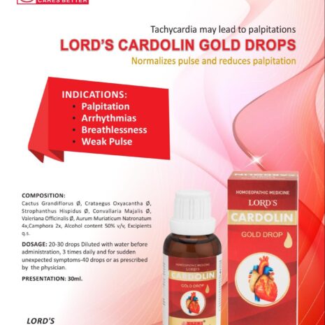 A promotional image for Lord's Cardolin Gold Drops, showcasing the product and its indications for palpitations, arrhythmias, breathlessness, and weak pulse.