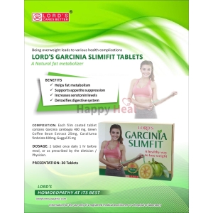 Promotional image for LORD'S Garcinia Slimfit Tablets showcasing benefits, ingredients, dosage, and packaging with an illustrative background.