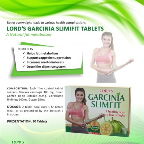 Promotional image for LORD'S Garcinia Slimfit Tablets showcasing benefits, ingredients, dosage, and packaging with an illustrative background.