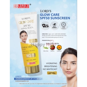 A promotional image of LORD'S Glow Care SPF 50 Sunscreen highlighting its benefits, ingredients, and usage instructions, featuring a model with smooth skin.