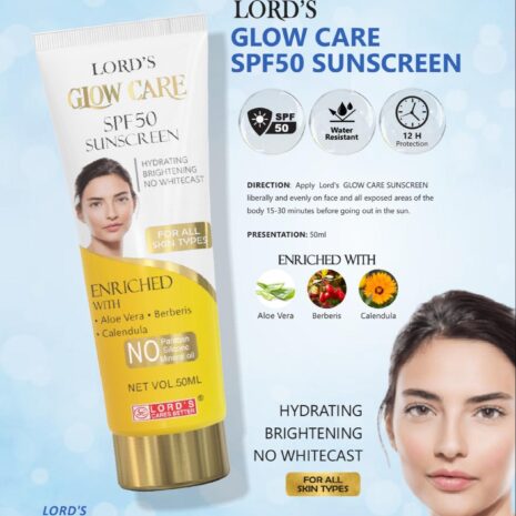 A promotional image of LORD'S Glow Care SPF 50 Sunscreen highlighting its benefits, ingredients, and usage instructions, featuring a model with smooth skin.