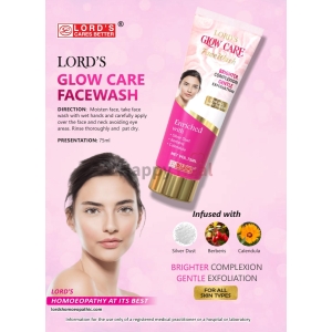 A promotional image showcasing LORD'S Glow Care Facewash, featuring a woman with glowing skin, highlights the product's key ingredients like Silver Dust, Berberis, and Calendula, along with usage directions and branding elements.