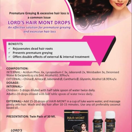 Promotional flyer for LORD'S Hair Mont Drops, highlighting benefits for preventing premature greying and excessive hair loss, along with usage instructions and product details.