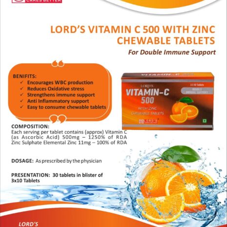 Promotional image for LORD’S Vitamin C 500 with Zinc chewable tablets, highlighting benefits, composition, dosage, and presentation details.