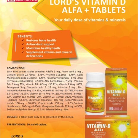 A colorful advertisement for LORD'S VITAMIN D ALFA + tablets, highlighting benefits like bone health restoration and antioxidant support, alongside nutritional composition and usage instructions.
