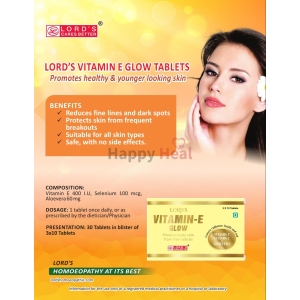 Promotional image featuring Lord's Vitamin E Glow Tablets with benefits for reducing fine lines and promoting younger-looking skin, along with composition details and dosage instructions.