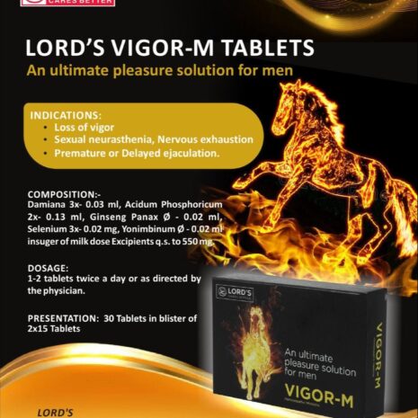 LORD'S VIGOR-M TABLETS: A Solution for Men's Vitality An advertisement for LORD'S VIGOR-M tablets, highlighting benefits, ingredients, dosage, and packaging information.