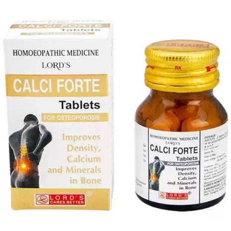 A bottle of Lord's Calci Forte tablets designed to improve bone density, calcium, and minerals, with packaging depicting osteopathic benefits.