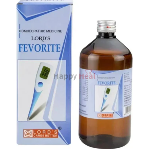 A bottle of Lord's Fevorite homeopathic medicine with a digital thermometer graphic on the label, displayed alongside its packaging.