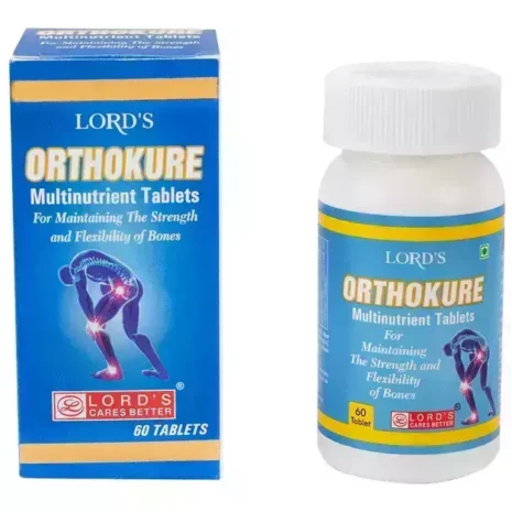 Lord's Orthokure Multinutrient Tablets Packaging and bottle of Lord's Orthokure Multinutrient Tablets designed to support bone strength and flexibility, featuring vibrant blue graphics and health-related imagery.