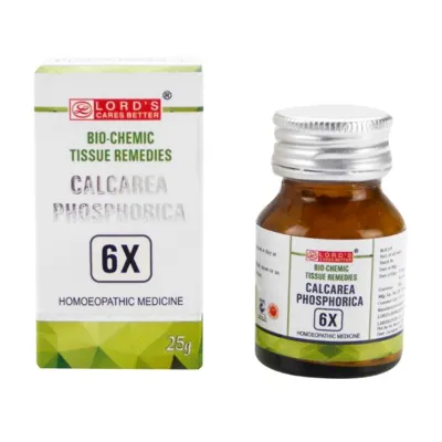 A bottle of Calcare Phosphorica 6X homeopathic medicine alongside its packaging, highlighting its benefits as a bio-chemic tissue remedy.