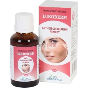 A bottle of LUKODERM homeopathic medicine alongside its packaging, designed for treating skin discoloration.