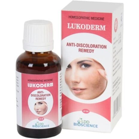 A bottle of LUKODERM homeopathic medicine alongside its packaging, designed for treating skin discoloration.