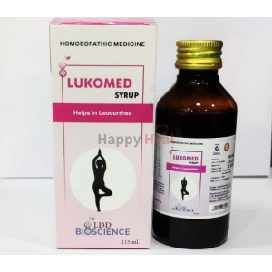 A bottle of Lukomed syrup in its packaging, labeled as a homeopathic medicine that helps in treating leucorrhea, with branding from LDD Bioscience.