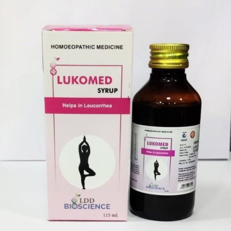 A bottle of Lukomed syrup in its packaging, labeled as a homeopathic medicine that helps in treating leucorrhea, with branding from LDD Bioscience.