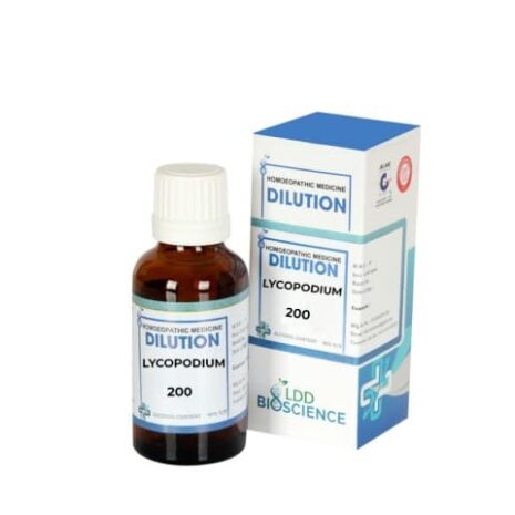 Bottle of Lycopodium homeopathic medicine dilution with accompanying box, labeled with dosage and brand information.