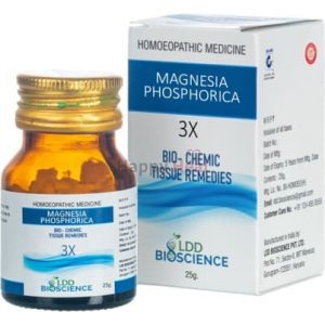 A bottle of Magnesia Phosphorica homeopathic medicine with a box, labeled as bio-chemic tissue remedy from LDD Bioscience.