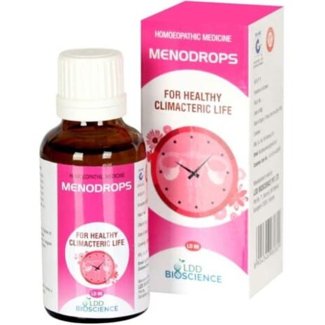 A bottle of Menodrops homeopathic medicine with a pink and white packaging, designed for healthy climacteric life.