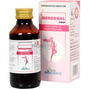 A bottle of Mensoral syrup alongside its packaging, designed to assist with painful and irregular menstruation.
