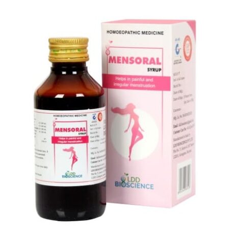 A bottle of Mensoral syrup alongside its packaging, designed to assist with painful and irregular menstruation.
