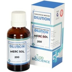 A bottle of Merc Sol 200 homeopathic dilution from LDD Bioscience, accompanied by its packaging box.