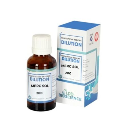 A bottle of Merc Sol 200 homeopathic dilution from LDD Bioscience, accompanied by its packaging box.