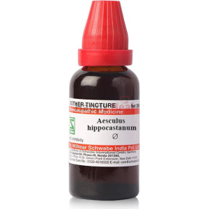 A 30ml bottle of homeopathic mother tincture labeled Aesculus Hippocastanum with a red dropper cap and detailed information on the label.