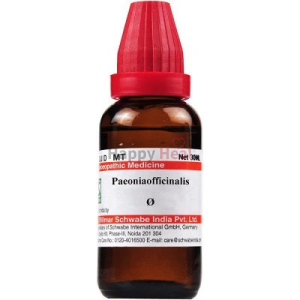 Brown glass bottle with a red cap labeled Paeonia Officinalis, containing 30 ml of homeopathic medicine.