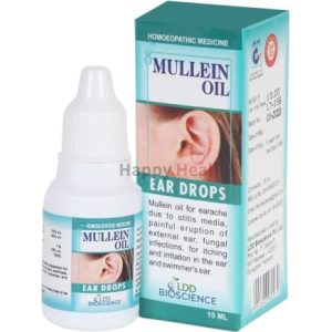Bottle of Mullein Oil ear drops alongside its packaging, labeled for relief of earaches and related conditions.