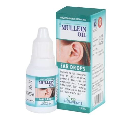 Bottle of Mullein Oil ear drops alongside its packaging, labeled for relief of earaches and related conditions.