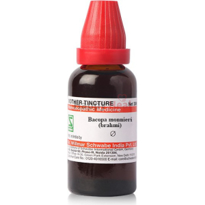 A 30ml bottle of Bacopa monnieri mother tincture, featuring a red cap and labeled as a homeopathic medicine.