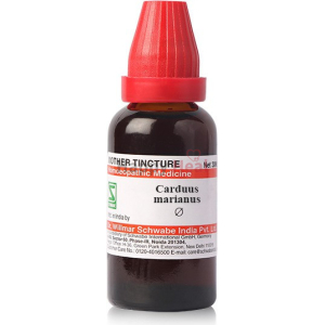 Bottle of Carduus Marianus mother tincture, a homeopathic remedy, with a red cap and label detailing its use and manufacturing information.