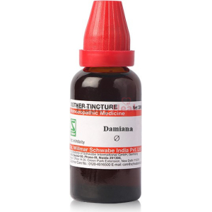 A bottle of Damiana mother tincture, labeled as homeopathic medicine, produced by Wilmar Schwabe India Pvt. Ltd.