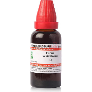 Bottle of Fucus Vesiculosus homeopathic tincture, featuring a red dropper cap and informational label.