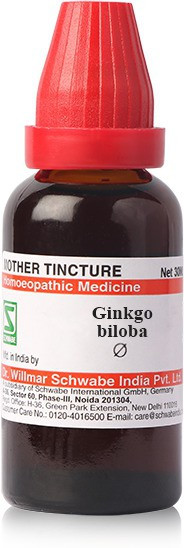 A bottle of Ginkgo Biloba mother tincture, labeled as homeopathic medicine, with a red cap and company details.