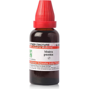 Bottle of Muira Puama homeopathic mother tincture with a red cap, labeled with product details and manufacturer information.