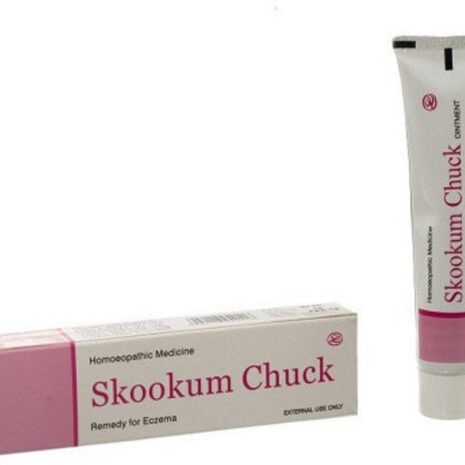 A tube and box of Skookum Chuck homoeopathic medicine, designed as a remedy for eczema, highlighting its external use only.