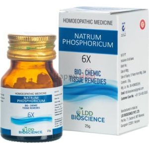 A glass bottle of Natrum Phosphoricum 6X homeopathic medicine with a cardboard box labeled "LDD Bioscience" and details about the remedy.