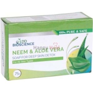A box of LDD Bioscience Neem and Aloe Vera soap, labeled for deep skin detox and suitable for all skin types, weighing 75 grams.