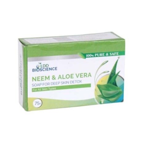 A box of LDD Bioscience Neem and Aloe Vera soap, labeled for deep skin detox and suitable for all skin types, weighing 75 grams.